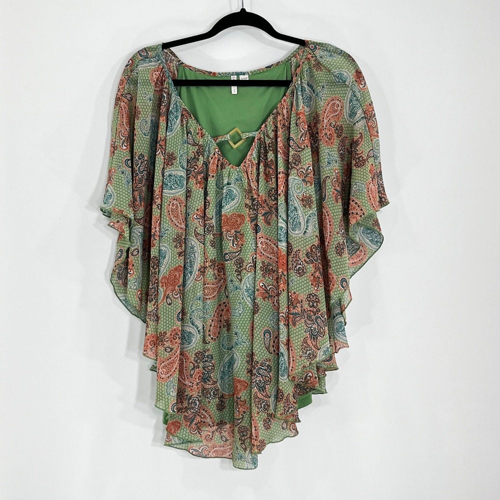 Cato Womens Plus Size 18/20W Green Paisley Sheer Poncho Blouse V-Neck Top